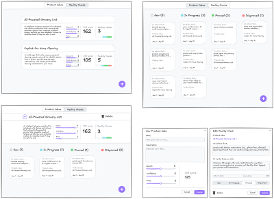 A rough sketch of screens to manage product ideas and reality checks.