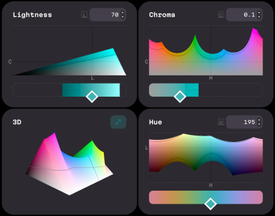 OKLCH generator controls for lightness, chroma, and hue with colorful visuals showing the color gamuts.